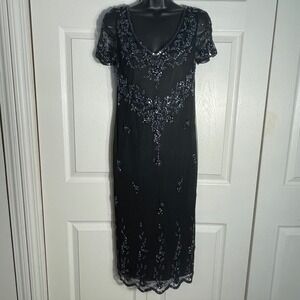 Vintage Stenay Dress Women 6 Black Beaded Sheer Mesh Overlay 90s Lined Back Slit